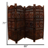 Hand Carved Sun And Moon Design Foldable 4 Panel Wooden Room Divider, Brown